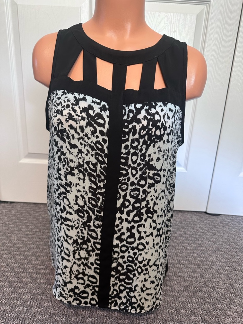 A.Byer Black & White Animal Print High Low Hem Top with Cutouts, Size L
